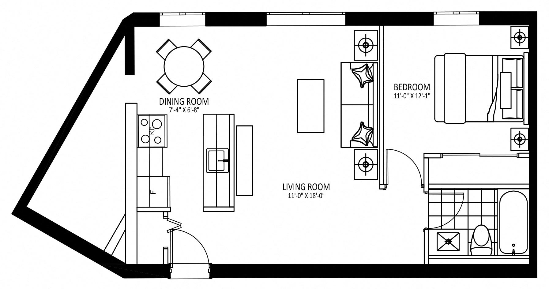 Floor plan for 1 bed, 1 bath, 610 sqft